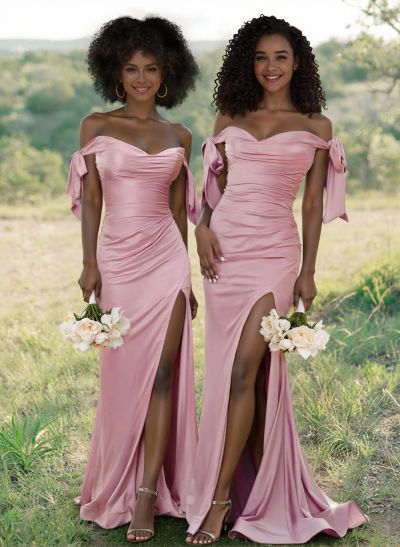 Unique Tie-Strap Off-The-Shoulder Ruched Waist Bridesmaid Dresses With Split Front