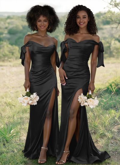 Unique Tie-Strap Off-The-Shoulder Ruched Waist Bridesmaid Dresses With Split Front