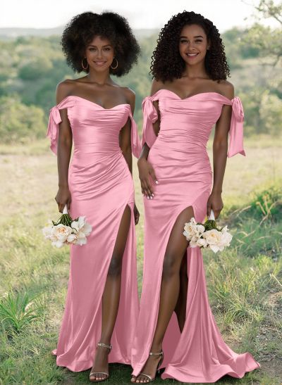 Unique Tie-Strap Off-The-Shoulder Ruched Waist Bridesmaid Dresses With Split Front