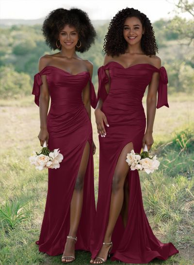Unique Tie-Strap Off-The-Shoulder Ruched Waist Bridesmaid Dresses With Split Front
