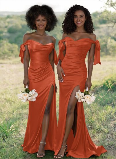 Unique Tie-Strap Off-The-Shoulder Ruched Waist Bridesmaid Dresses With Split Front