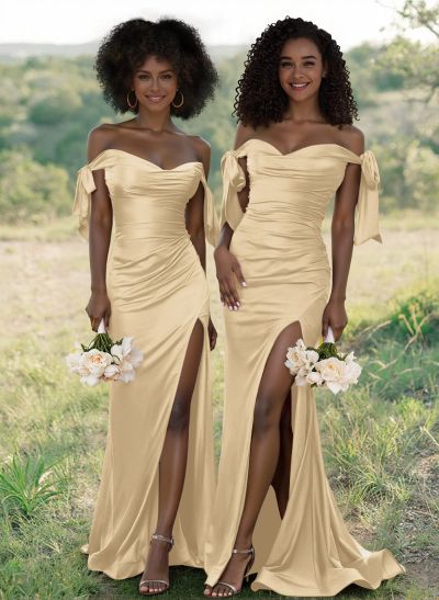 Unique Tie-Strap Off-The-Shoulder Ruched Waist Bridesmaid Dresses With Split Front