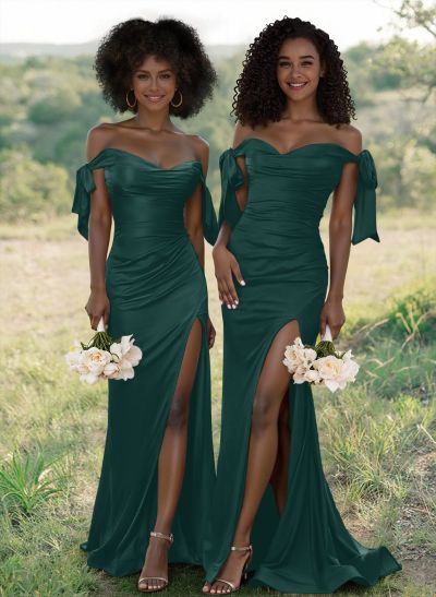 Unique Tie-Strap Off-The-Shoulder Ruched Waist Bridesmaid Dresses With Split Front