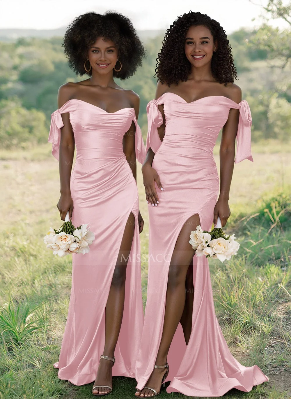 Unique Tie-Strap Off-The-Shoulder Ruched Waist Bridesmaid Dresses With  Split Front - Missacc