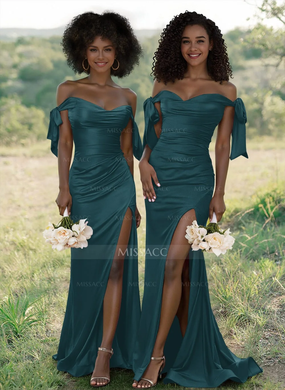 Missacc Slate Blue Bridesmaid Unique Tie-Strap Off-The-Shoulder Ruched Waist Bridesmaid Dresses With Split Front