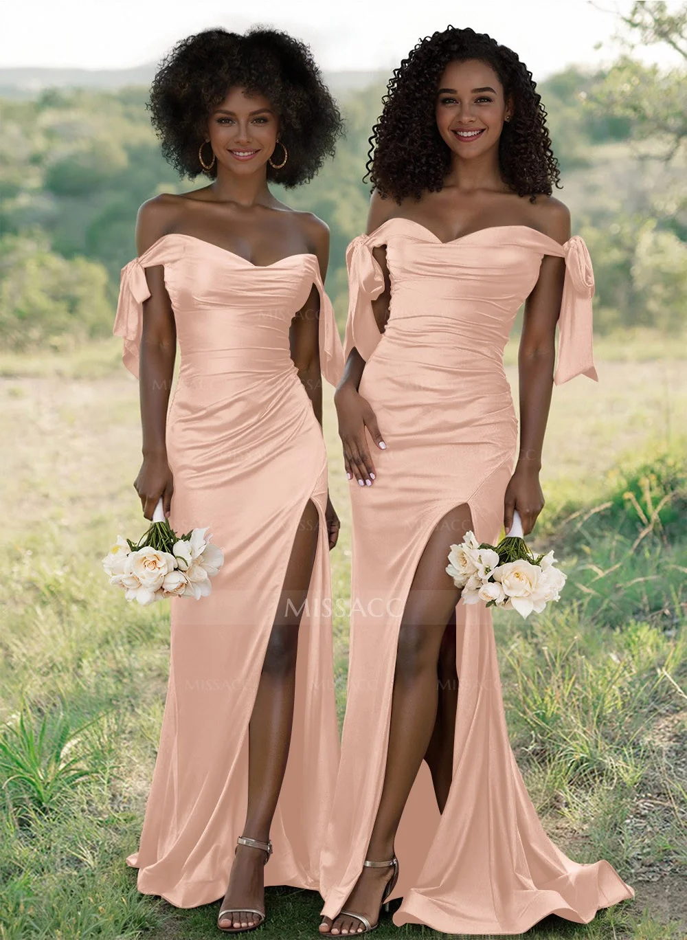 Missacc Ivory Bridesmaid Unique Tie-Strap Off-The-Shoulder Ruched Waist Bridesmaid Dresses With Split Front