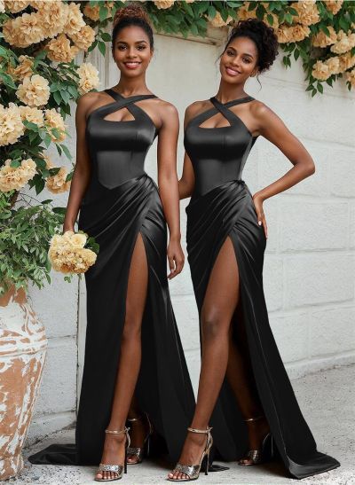 Flattering Cutout Silk Like Satin Ruched Waist Bridesmaid Dresses With High Split