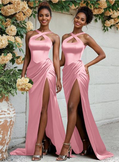 Flattering Cutout Silk Like Satin Ruched Waist Bridesmaid Dresses With High Split