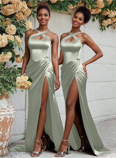 Flattering Cutout Silk Like Satin Ruched Waist Bridesmaid Dresses With High Split