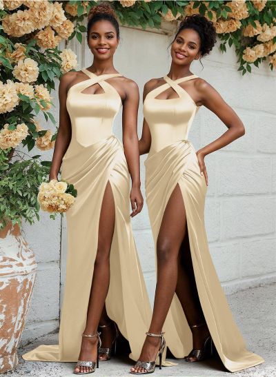 Flattering Cutout Silk Like Satin Ruched Waist Bridesmaid Dresses With High Split