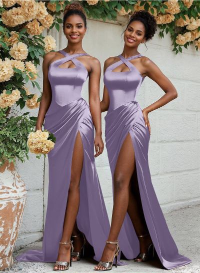 Flattering Cutout Silk Like Satin Ruched Waist Bridesmaid Dresses With High Split