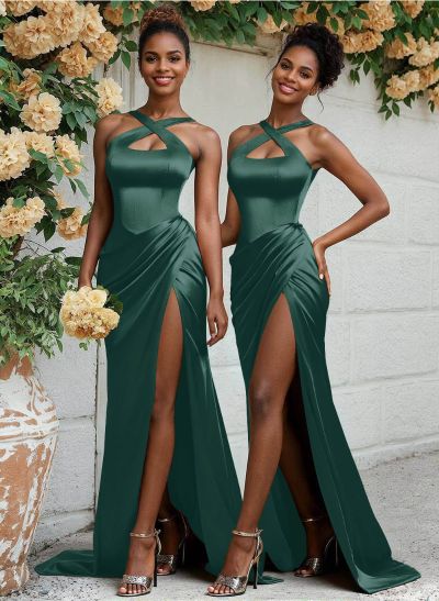 Flattering Cutout Silk Like Satin Ruched Waist Bridesmaid Dresses With High Split
