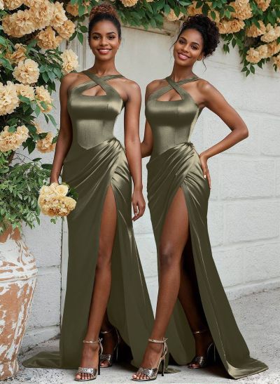 Flattering Cutout Silk Like Satin Ruched Waist Bridesmaid Dresses With High Split