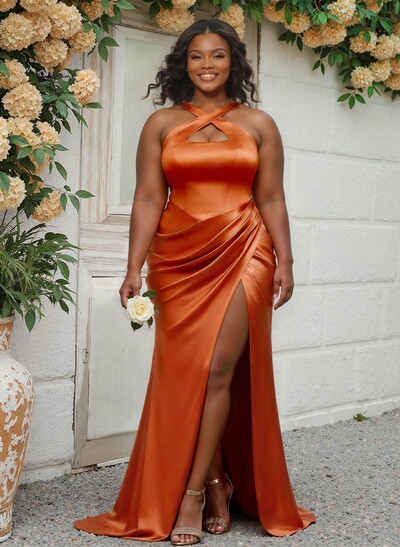 Flattering Cutout Silk Like Satin Ruched Waist Bridesmaid Dresses With High Split