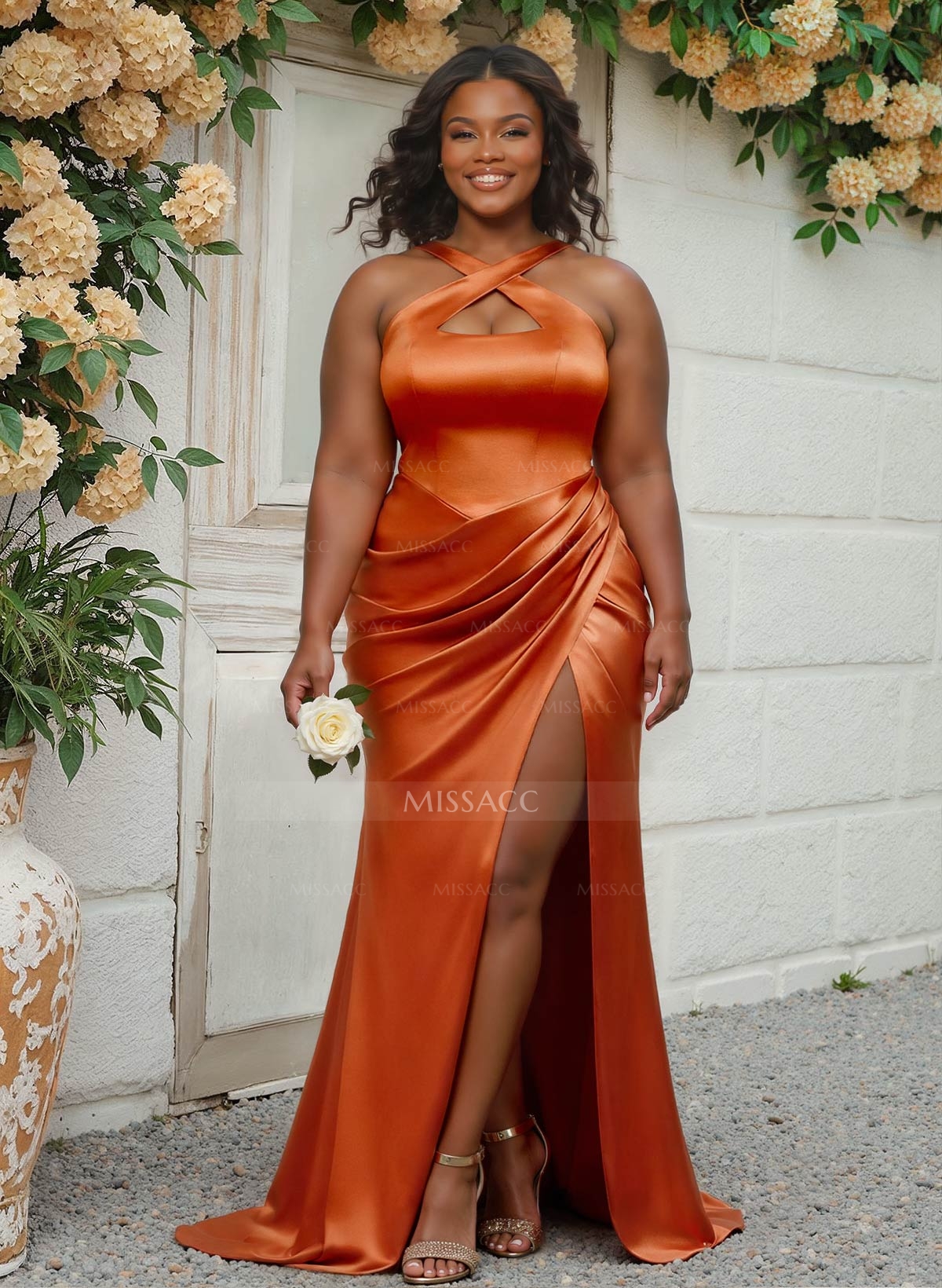 Flattering Cutout Silk Like Satin Ruched Waist Bridesmaid Dresses With High Split