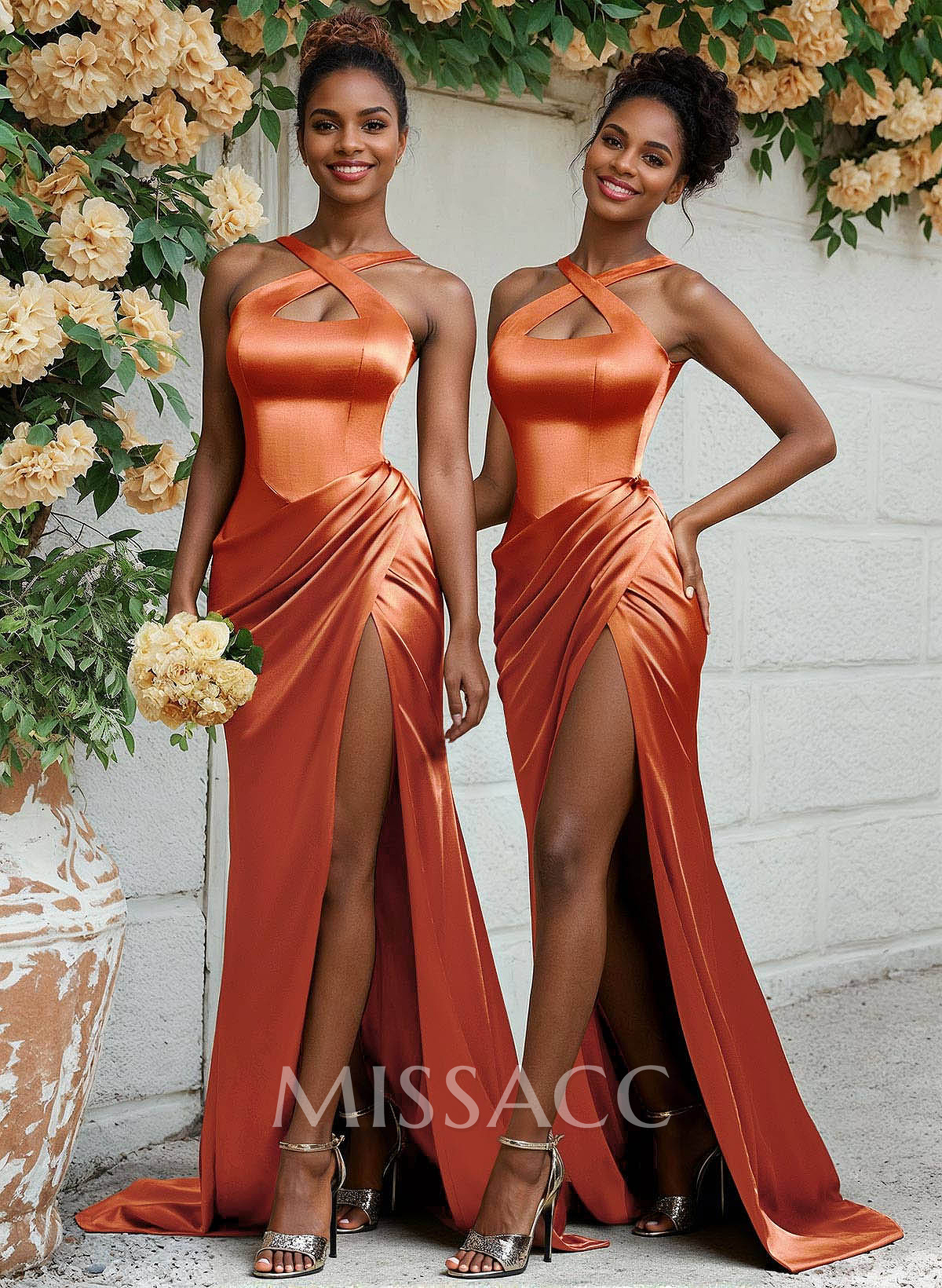 Flattering Cutout Silk Like Satin Ruched Waist Bridesmaid Dresses With High Split Flattering Cutout Silk Like Satin Ruched Waist Bridesmaid Dresses With High Split
