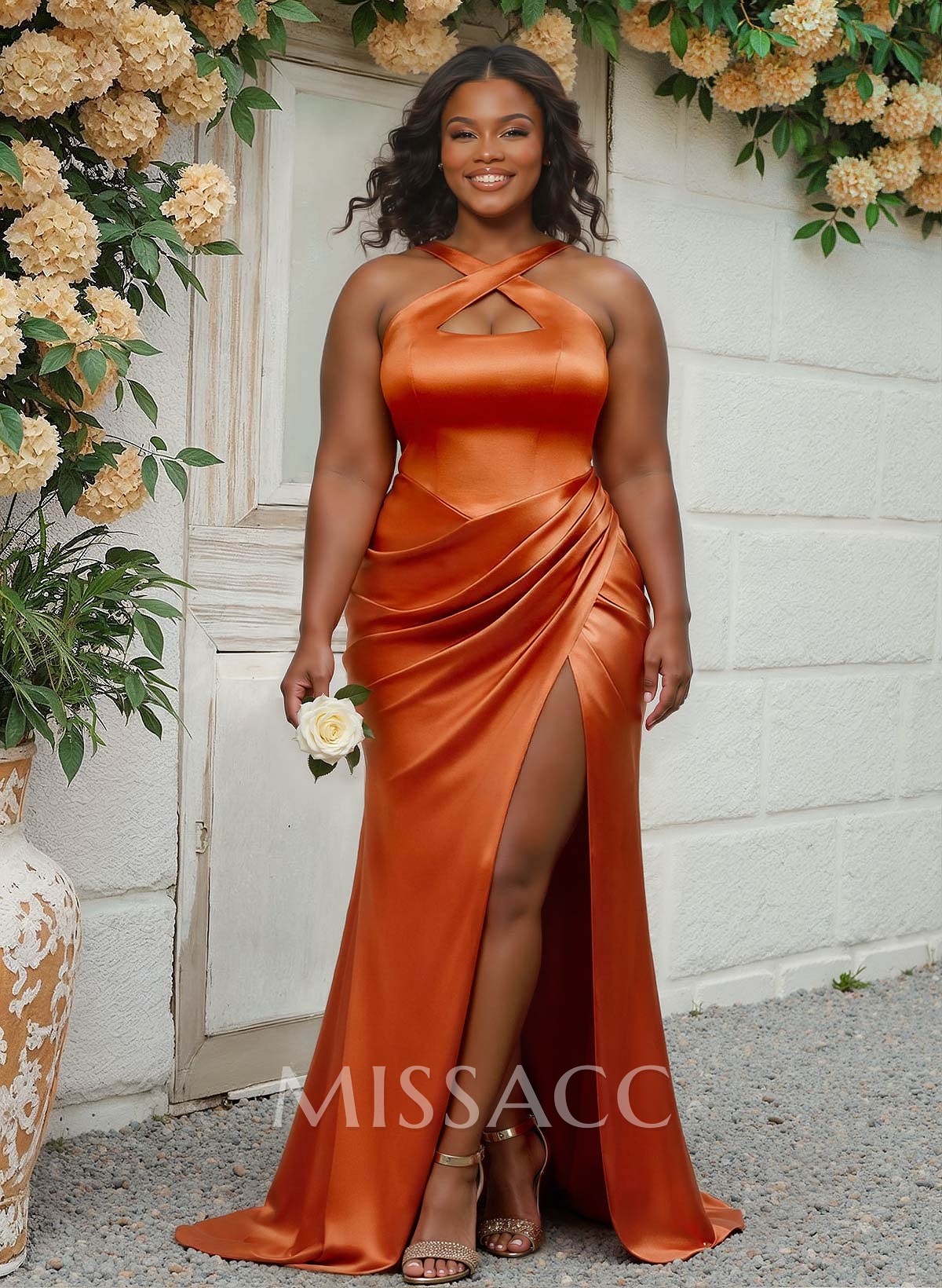 Flattering Cutout Silk Like Satin Ruched Waist Bridesmaid Dresses With High Split Flattering Cutout Silk Like Satin Ruched Waist Bridesmaid Dresses With High Split