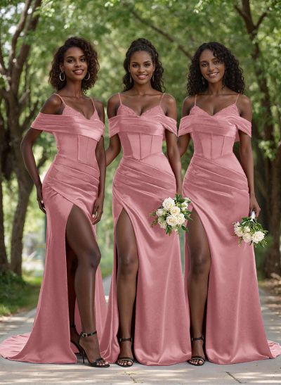 Unique Cold Shoulder Corset Ruched Satin Bridesmaid Dresses With Lace