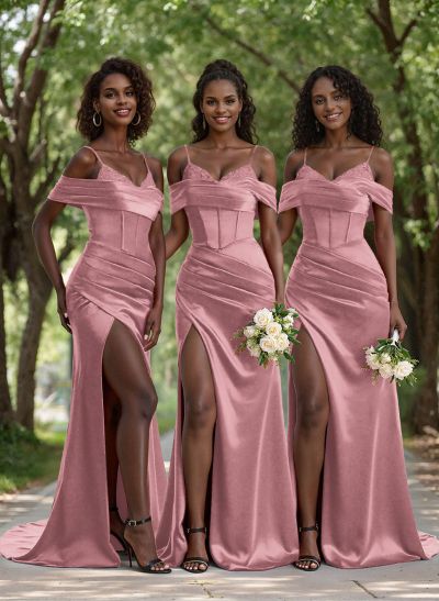 Unique Cold Shoulder Corset Ruched Satin Bridesmaid Dresses With Lace