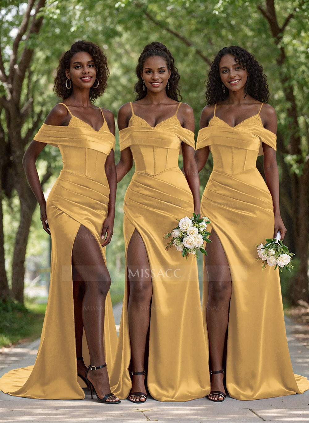 Vestidos De Dama De Honor Únicos De Satén Elástico Fruncido Con Corsé Y  Hombros Descubiertos Con Encaje - Missacc, image size:1000x1367