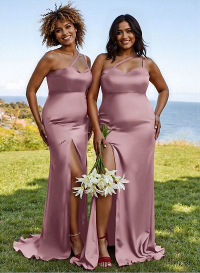 Flattering One Shoulder Dual Strap Soft Satin Bridesmaid Dresses With High Split