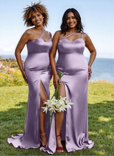 Flattering One Shoulder Dual Strap Soft Satin Bridesmaid Dresses With High Split