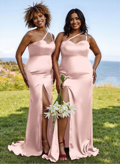 Flattering One Shoulder Dual Strap Soft Satin Bridesmaid Dresses With High Split