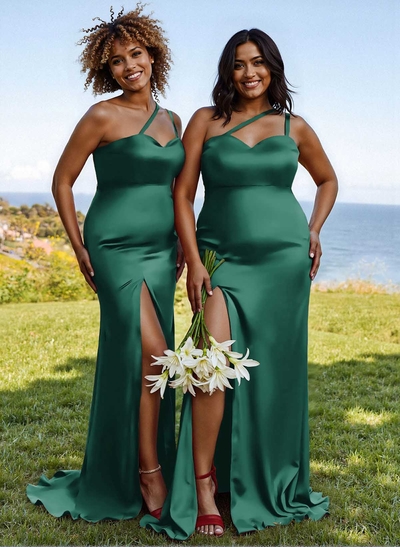 Flattering One Shoulder Dual Strap Soft Satin Bridesmaid Dresses With High Split