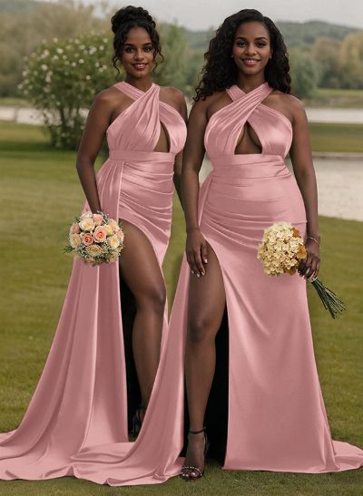 Unique High Neck Halter Sleeveless Criss Cross Back Charmeuse Bridesmaid Dresses