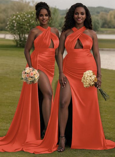 Unique High Neck Halter Sleeveless Criss Cross Back Charmeuse Bridesmaid Dresses