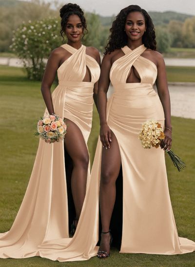 Unique High Neck Halter Sleeveless Criss Cross Back Charmeuse Bridesmaid Dresses