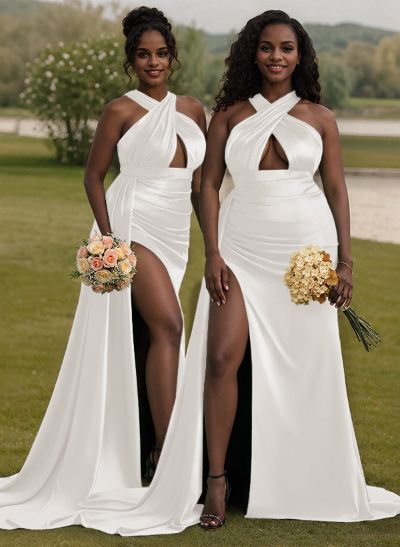 Unique High Neck Halter Sleeveless Criss Cross Back Charmeuse Bridesmaid Dresses