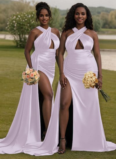 Unique High Neck Halter Sleeveless Criss Cross Back Charmeuse Bridesmaid Dresses