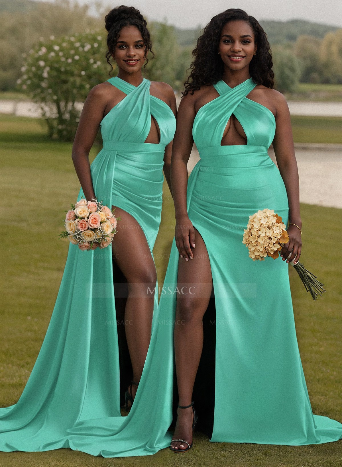 Unique High Neck Halter Sleeveless Criss Cross Back Charmeuse Bridesmaid Dresses