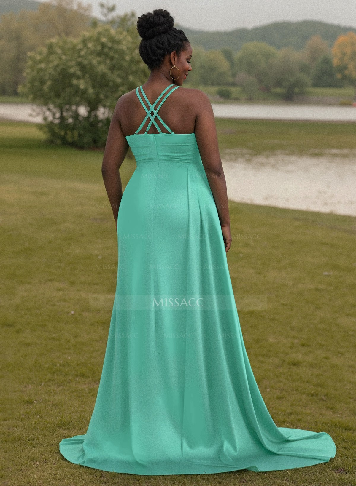 Unique High Neck Halter Sleeveless Criss Cross Back Charmeuse Bridesmaid Dresses