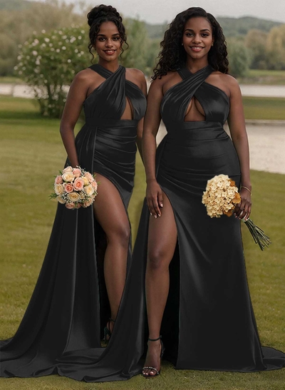 Unique High Neck Halter Sleeveless Criss Cross Back Charmeuse Bridesmaid Dresses