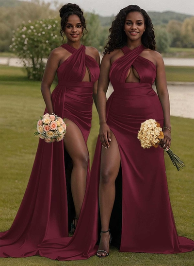 Unique High Neck Halter Sleeveless Criss Cross Back Charmeuse Bridesmaid Dresses