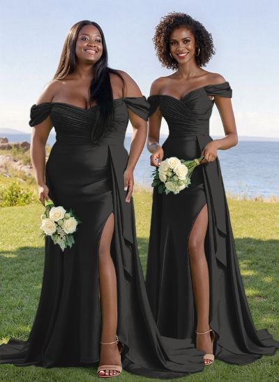 Classy Off-The-Shoulder Ruched Bridesmaid Dresses With Sweeping Side Drape