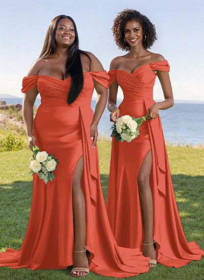 Classy Off-The-Shoulder Ruched Bridesmaid Dresses With Sweeping Side Drape