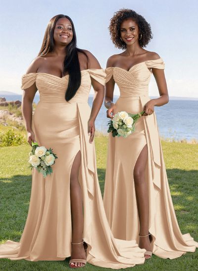 Classy Off-The-Shoulder Ruched Bridesmaid Dresses With Sweeping Side Drape