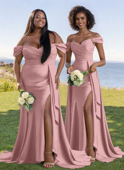 Classy Off-The-Shoulder Ruched Bridesmaid Dresses With Sweeping Side Drape