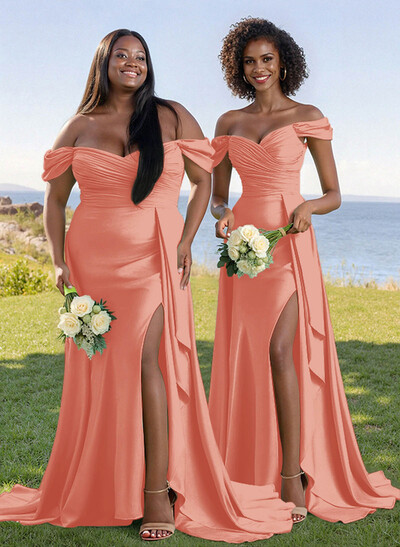 Classy Off-The-Shoulder Ruched Bridesmaid Dresses With Sweeping Side Drape