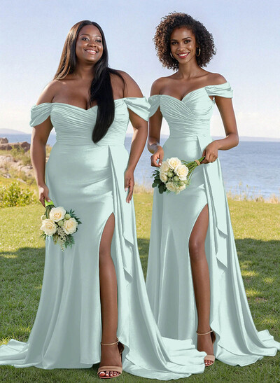 Classy Off-The-Shoulder Ruched Bridesmaid Dresses With Sweeping Side Drape