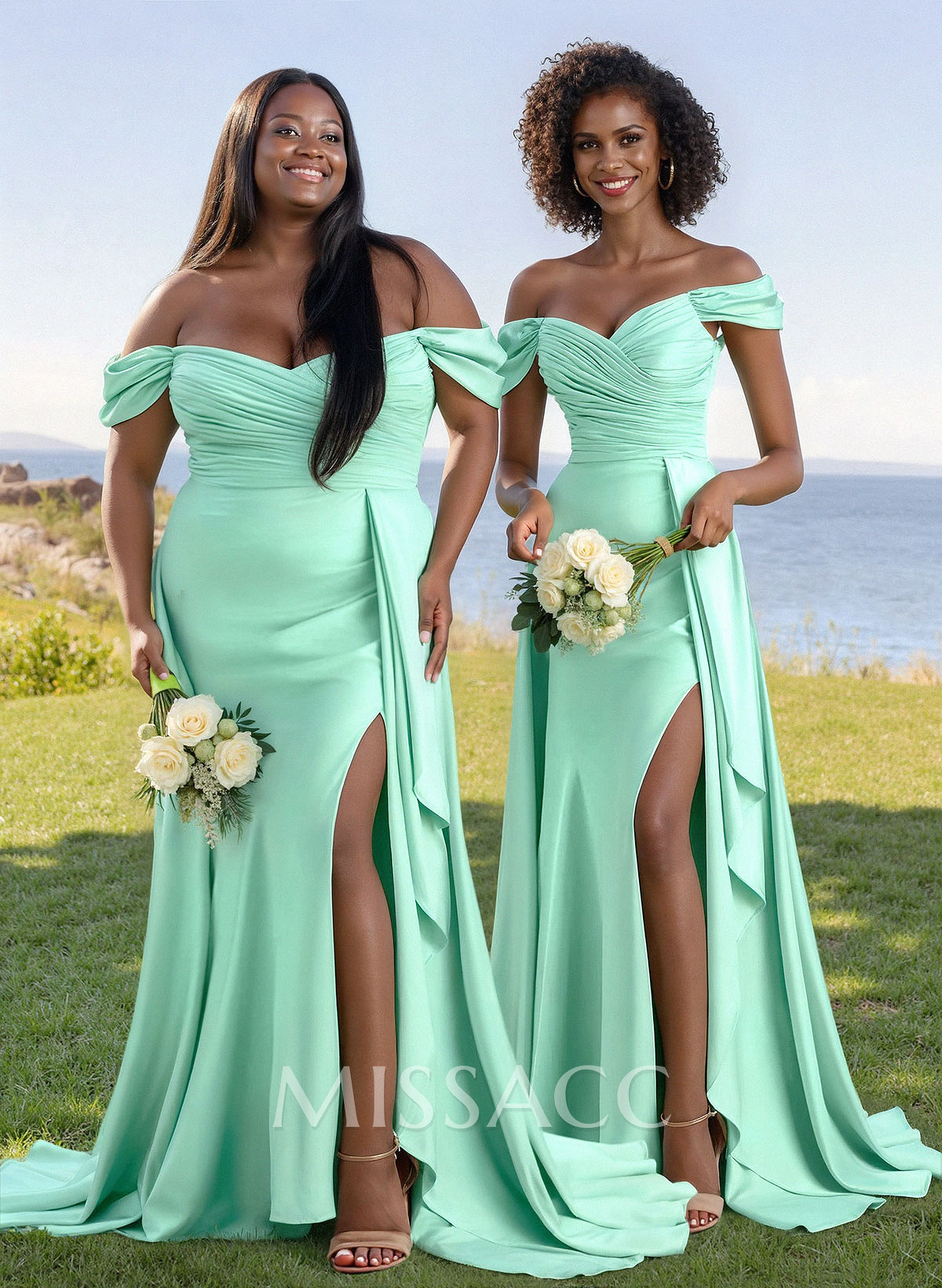 Classy Off-The-Shoulder Ruched Bridesmaid Dresses With Sweeping Side Drape Classy Off-The-Shoulder Ruched Bridesmaid Dresses With Sweeping Side Drape