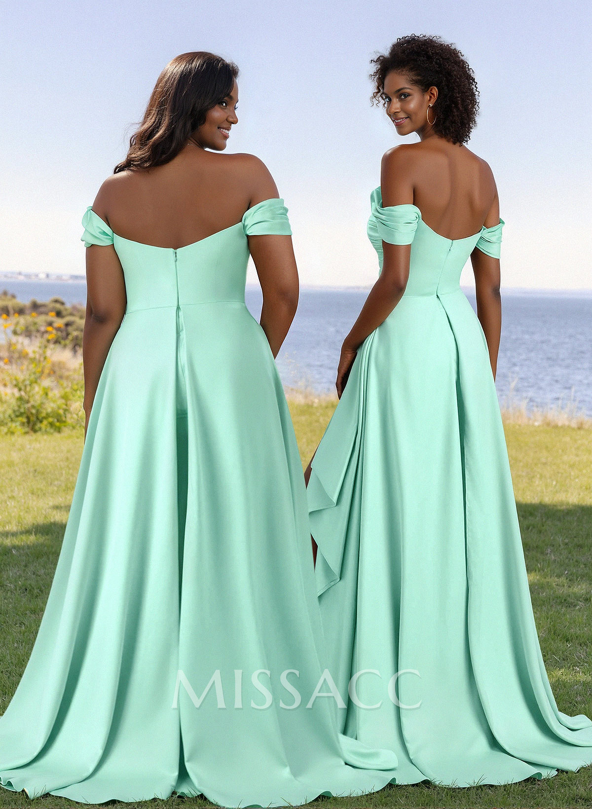 Classy Off-The-Shoulder Ruched Bridesmaid Dresses With Sweeping Side Drape Classy Off-The-Shoulder Ruched Bridesmaid Dresses With Sweeping Side Drape