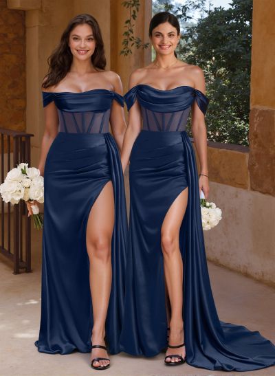 Flattering Illusion Corset Off-The-Shoulder Bridesmaid Dresses With Sweeping Side Drape