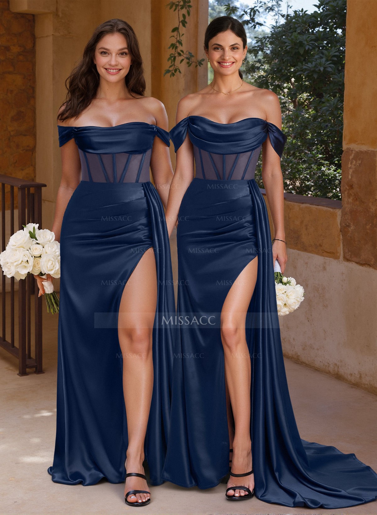 Flattering Illusion Corset Off-The-Shoulder Bridesmaid Dresses With Sweeping Side Drape