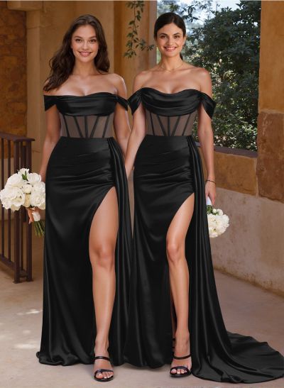 Flattering Illusion Corset Off-The-Shoulder Bridesmaid Dresses With Sweeping Side Drape