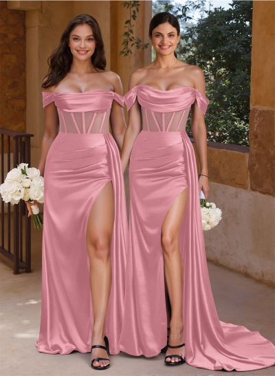 Flattering Illusion Corset Off-The-Shoulder Bridesmaid Dresses With Sweeping Side Drape