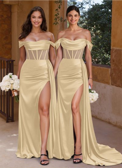 Flattering Illusion Corset Off-The-Shoulder Bridesmaid Dresses With Sweeping Side Drape